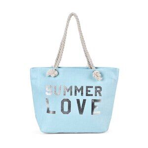 Light Blue Tote Bag with White Rope Handle and with "SUMMER LOVE" Printed